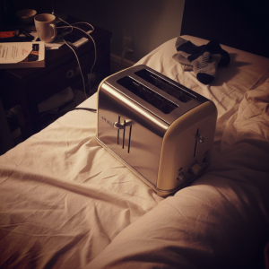 Angle shot of chrome Dualit toaster on bed with cluttered desk in background
